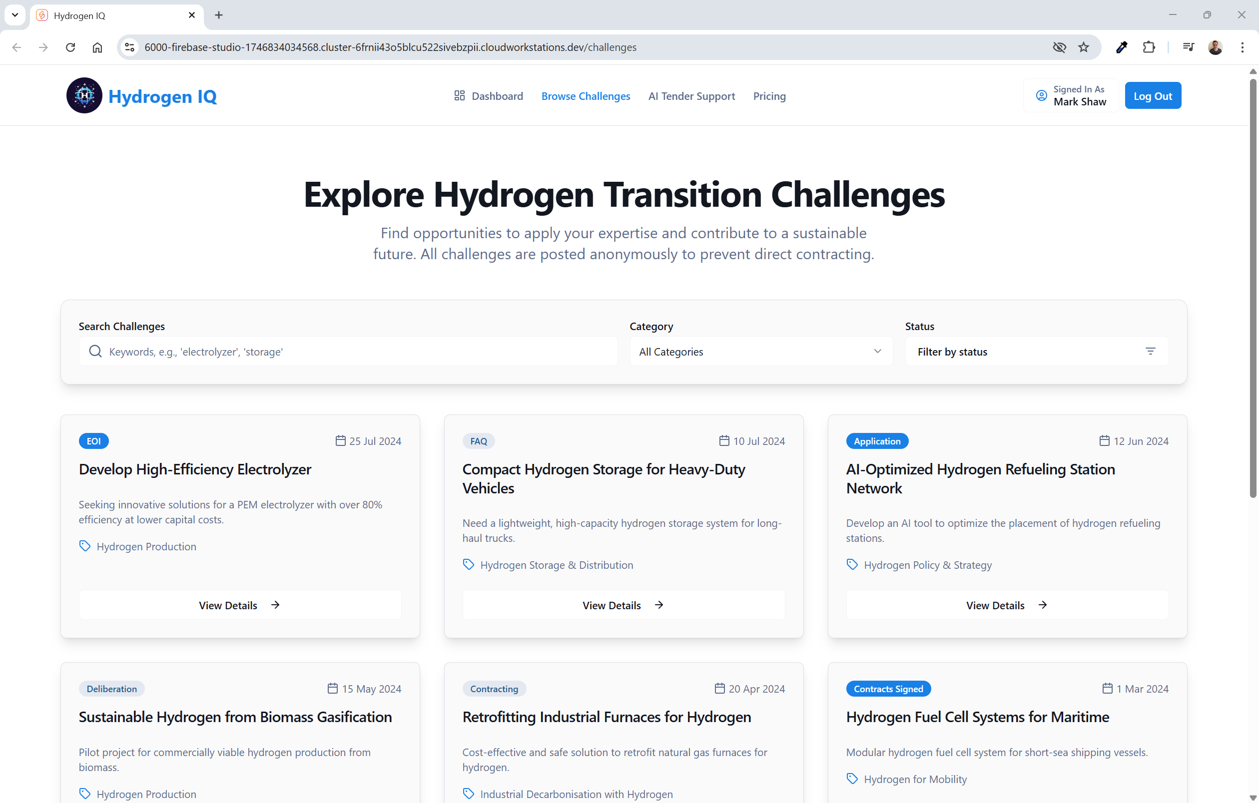 Dashboard showing hydrogen challenges